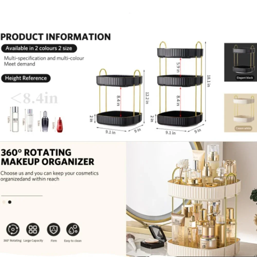 2 Tiers - 360° Turntable Makeup Organizer - Lazy Susan Cosmetics Storage